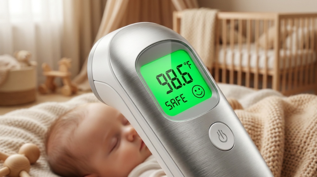 Close-up of a digital infrared baby thermometer screen showing a safe temperature.