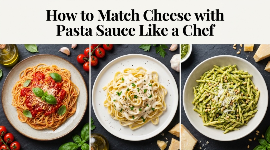 Top-down view of three different pasta dishes with the guide title text overlaid.