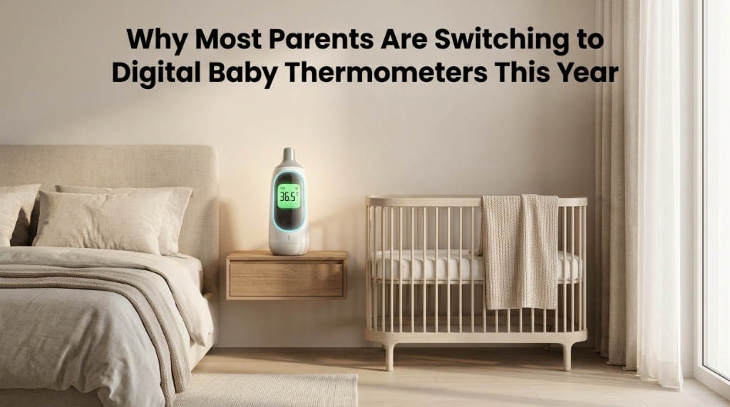 Sleek digital baby thermometer on a nightstand next to a modern crib.