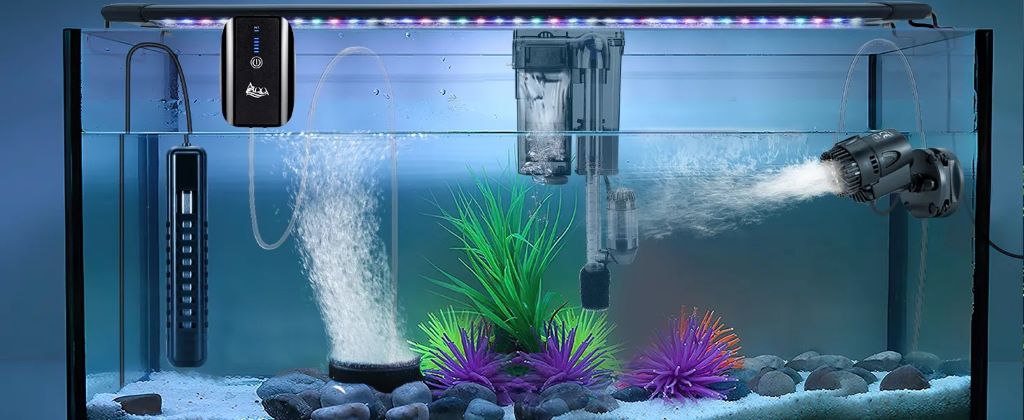 Budget submersible water pump installed in a freshwater aquarium