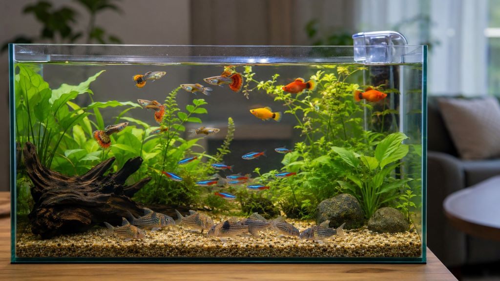 Freshwater aquarium with affordable fish tank decor, natural rocks, driftwood, and aquatic plants creating a vibrant underwater habitat in California