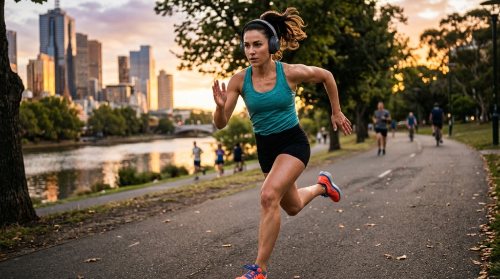 A woman running outdoors wearing secure wireless earbuds that stay in place.