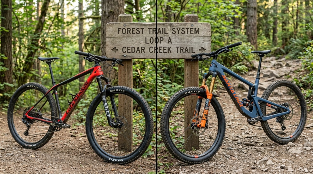 Two different mountain bikes parked side by side on a dirt trail.