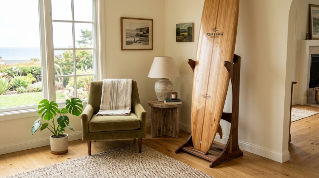 Freestanding wooden rack displaying surfboards vertically in a home corner.