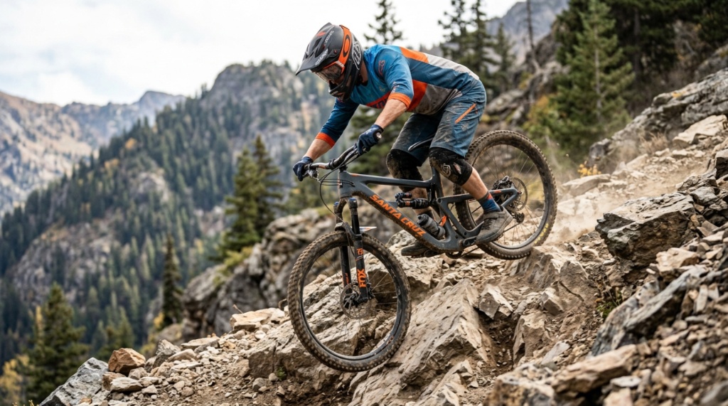 A mountain biker riding a long travel trail bike down a rocky hill.