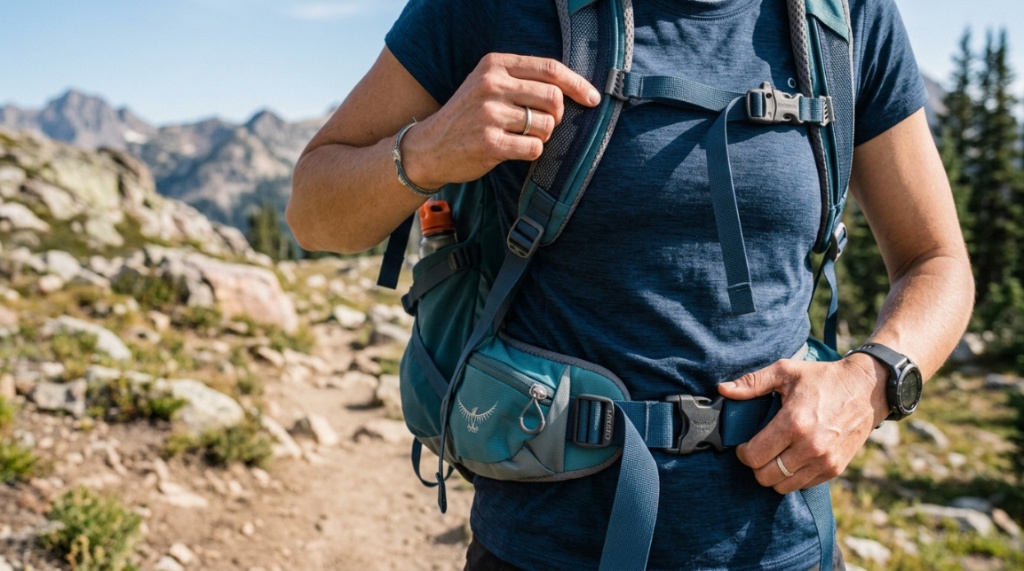 Hiker adjusting the straps of her camping backpack.