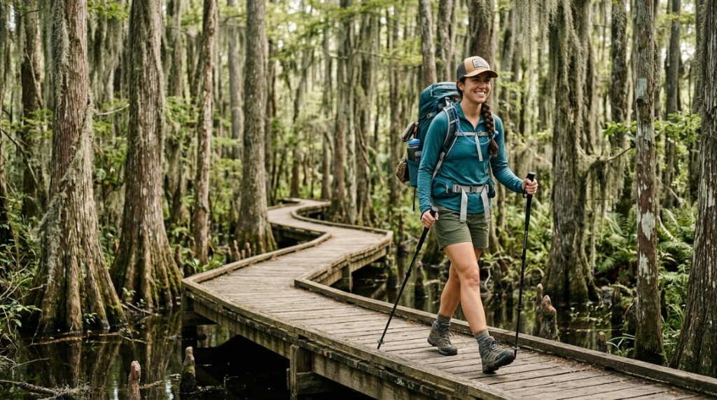 Woman wearing a fitted camping backpack on a sunny Florida trail.