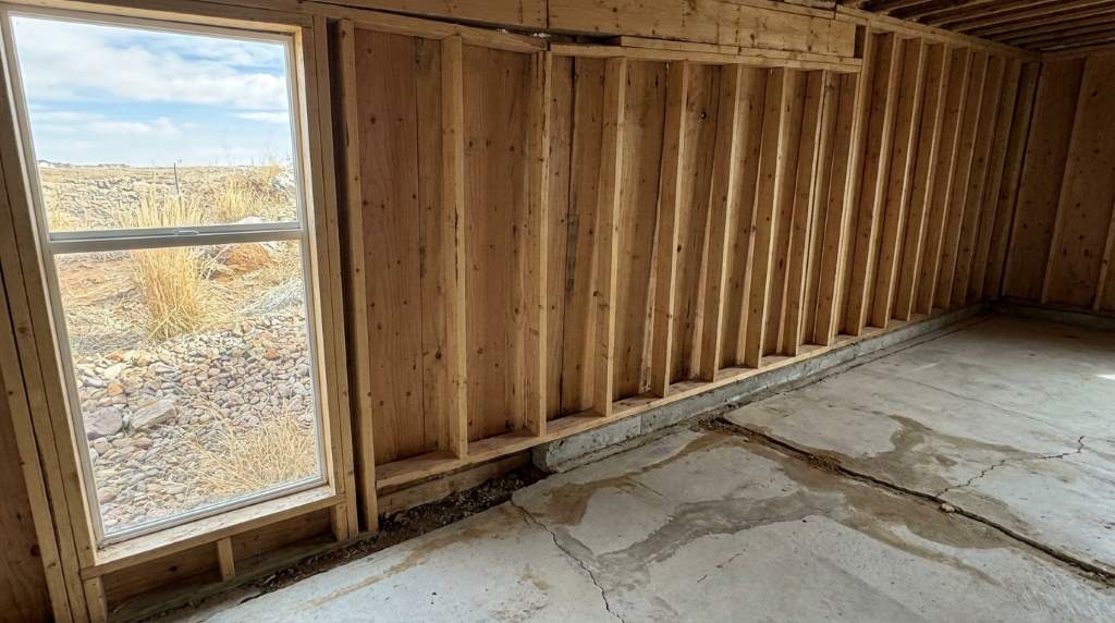 Wobbly basement stud wall showing loose framing connection