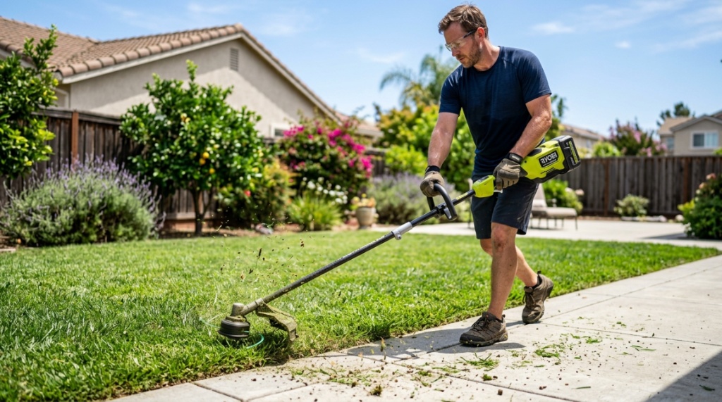 Person using a battery-powered string trimmer on a sunny California lawn.